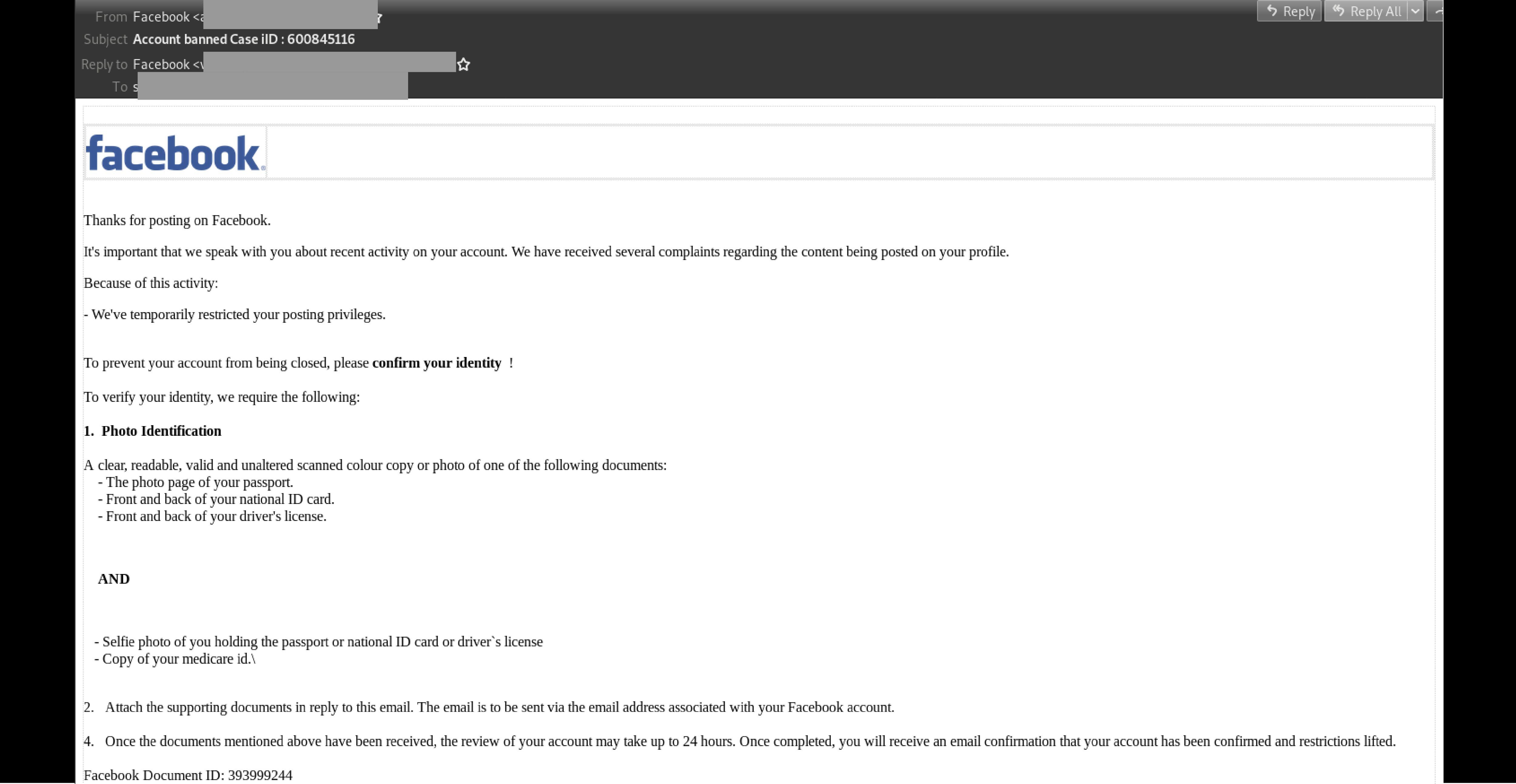 Facebook spoofed once again in multiple variations of a phishing email scam